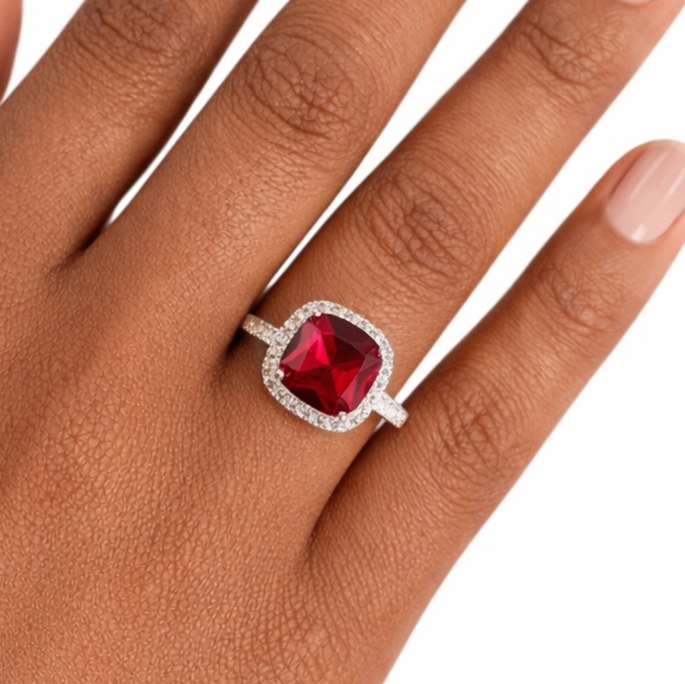 Silver Plated Red Cushion Cut CZ Halo Statement Cocktail Ring | Size 7